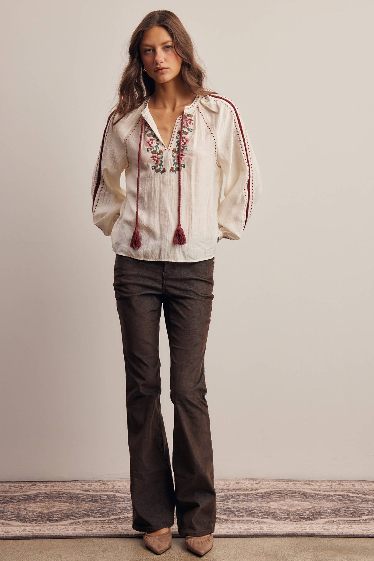 Floral Embroidered Tassel Tie Blouse