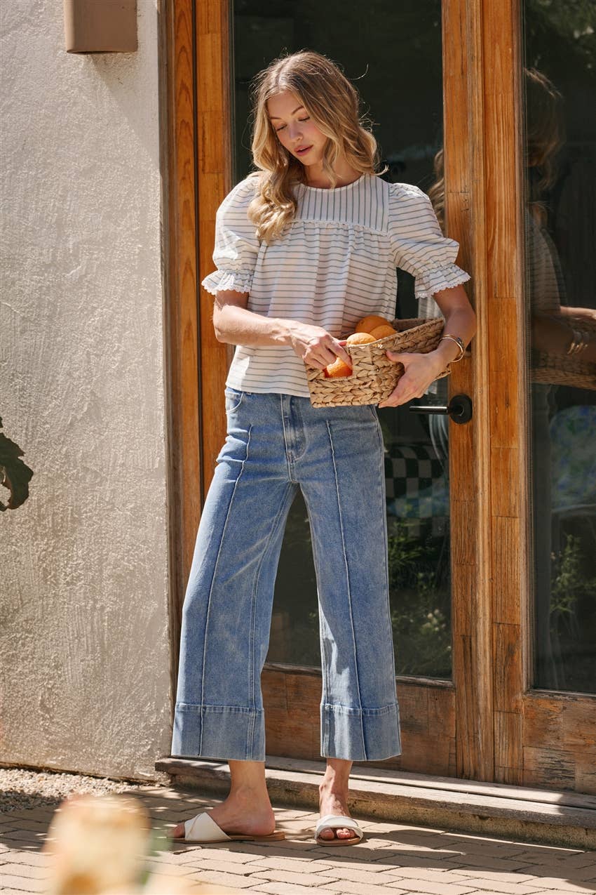 Mid Rise Stretch Denim Wide Leg Front Seamed Jeans