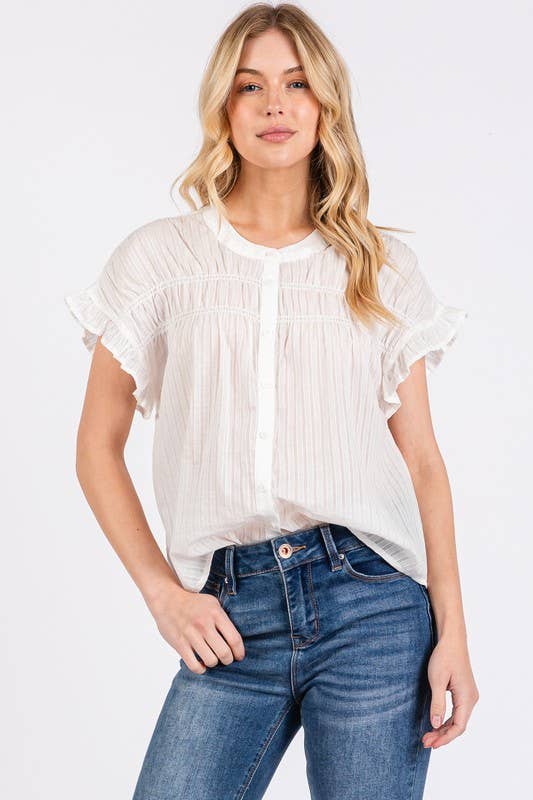 Short Sleeve Ruffled Button Down Top