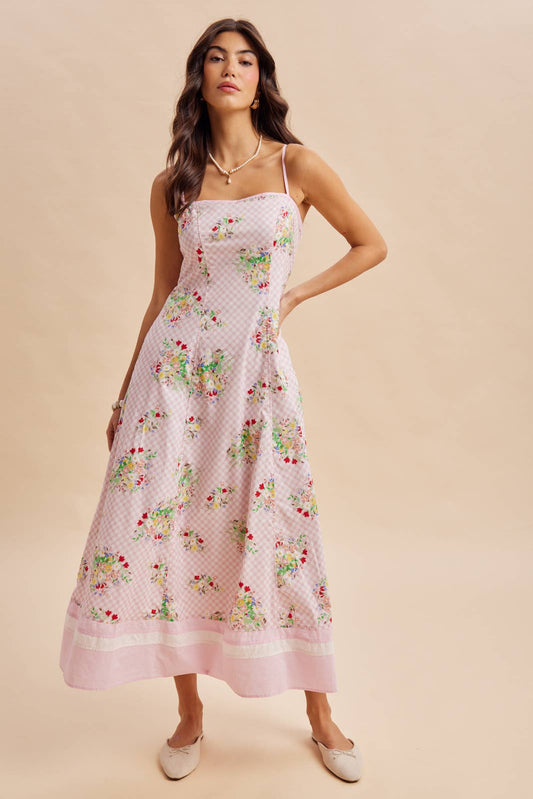 Gingham Floral Sleeveless Maxi Dress