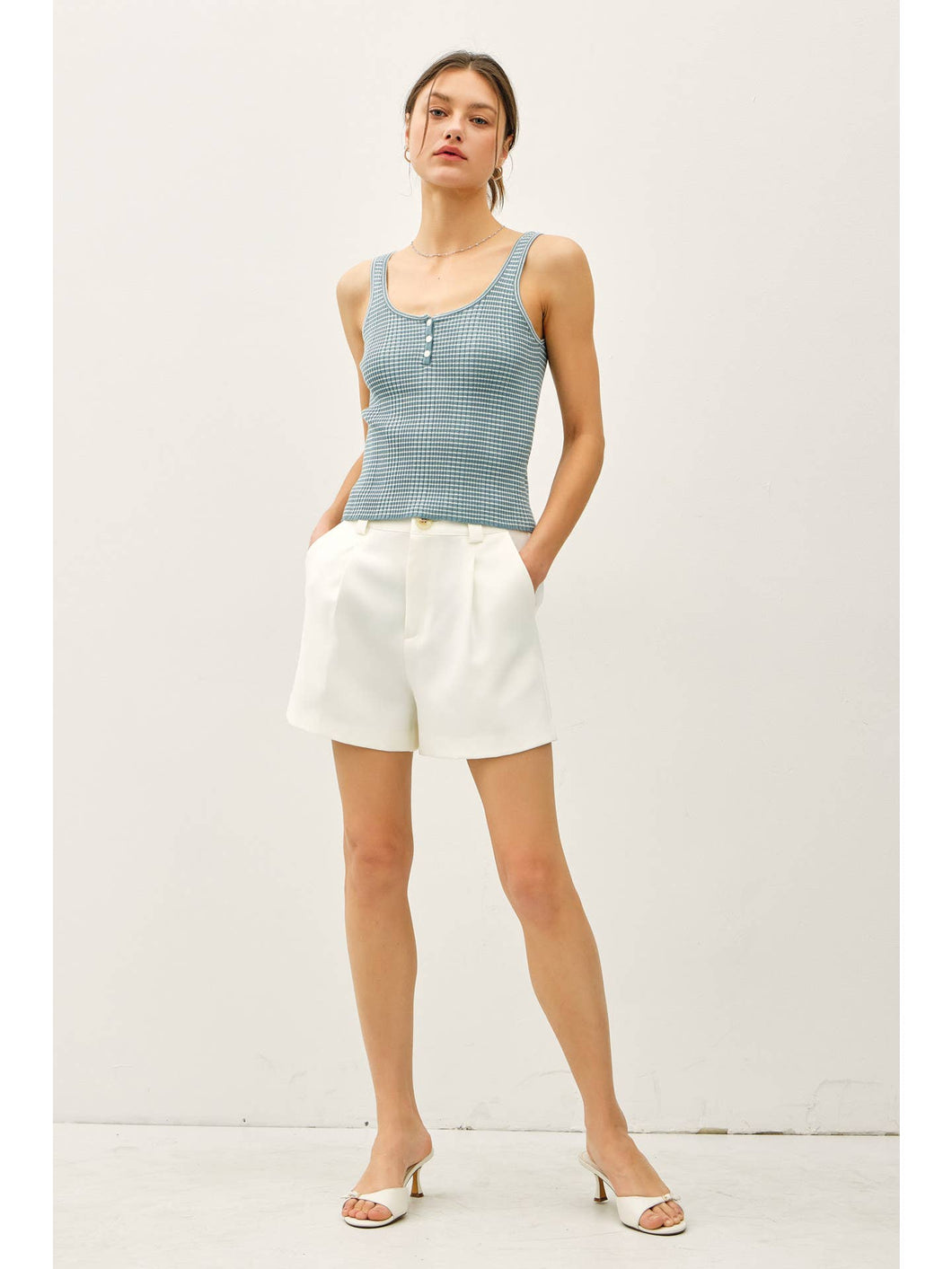 Teal Striped Henley Tank Top
