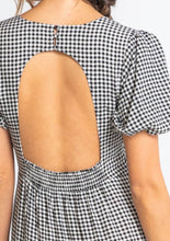 Load image into Gallery viewer, Gingham Puff Sleeve Open Back Tiered Midi Dress
