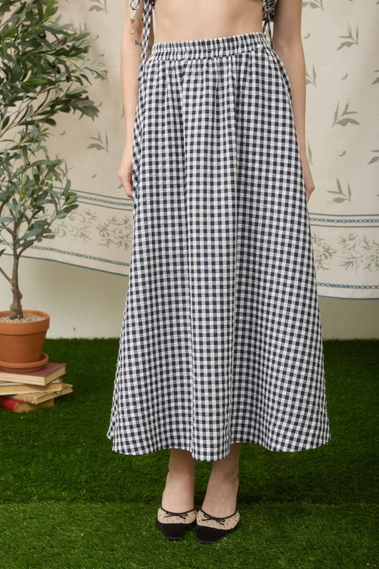 Gingham Elastic Wasit Midi Skirt 