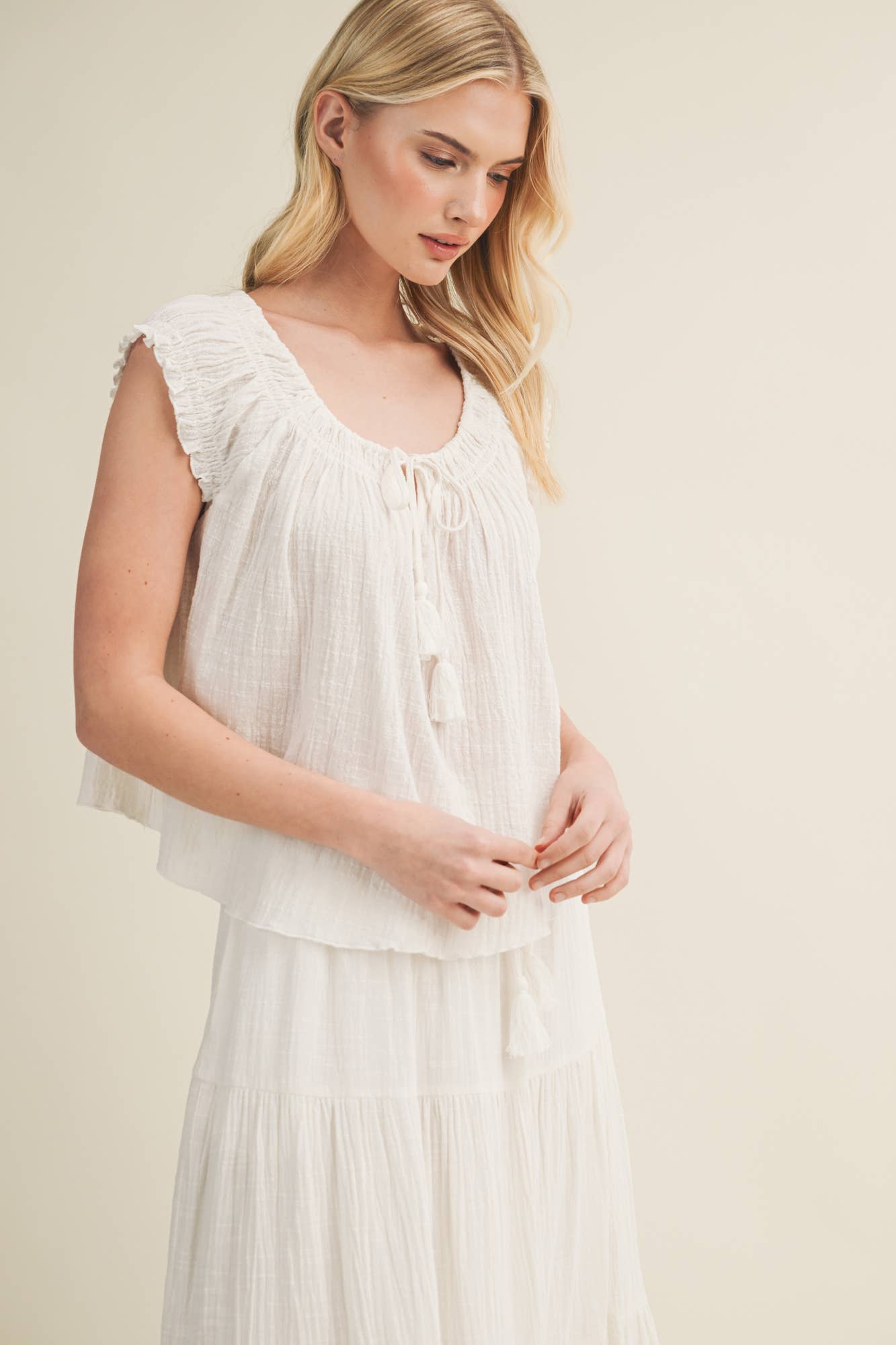 Gathered Tassel Tie Ruffle Sleeve Top