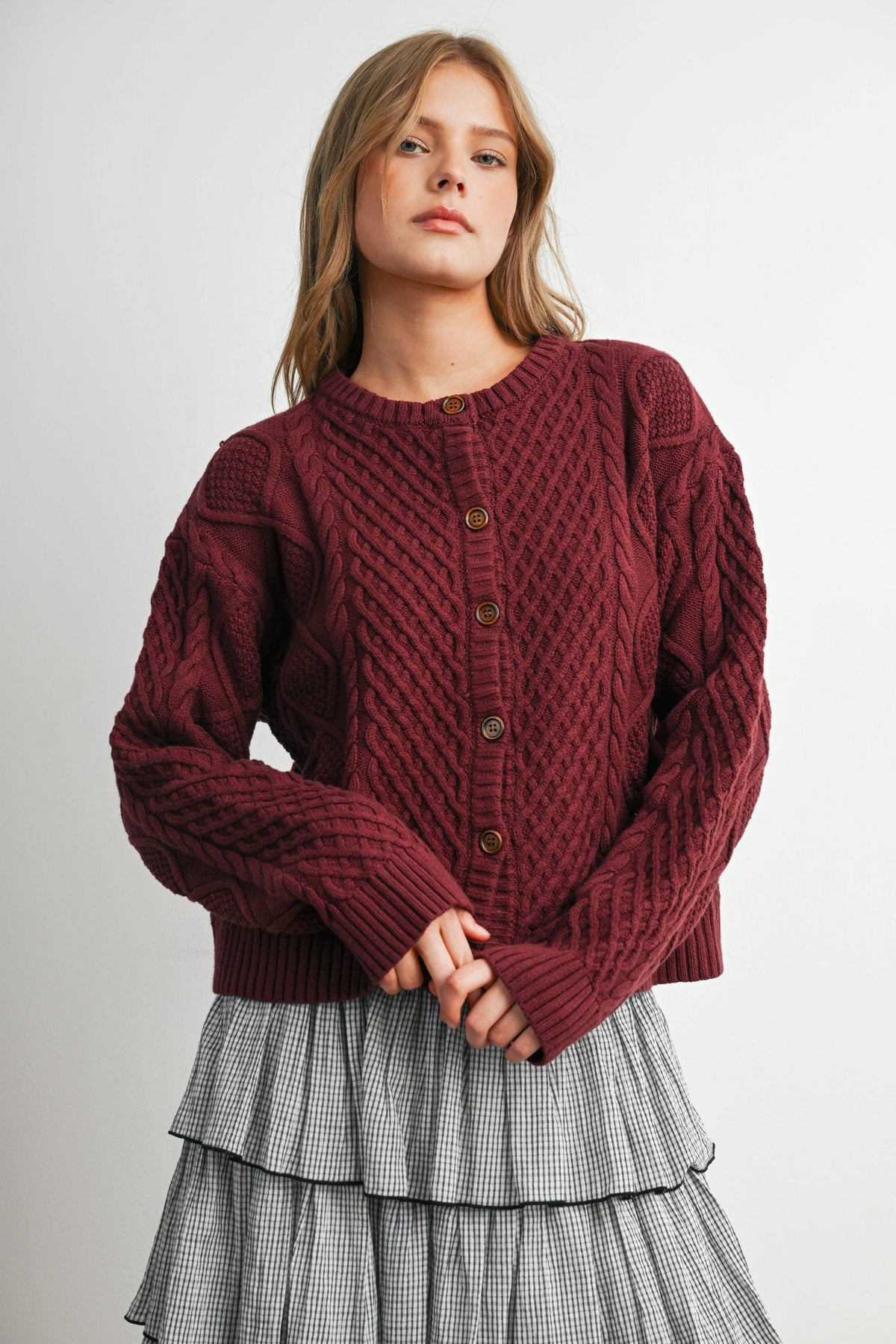 Berry Cable Knit Cardigan