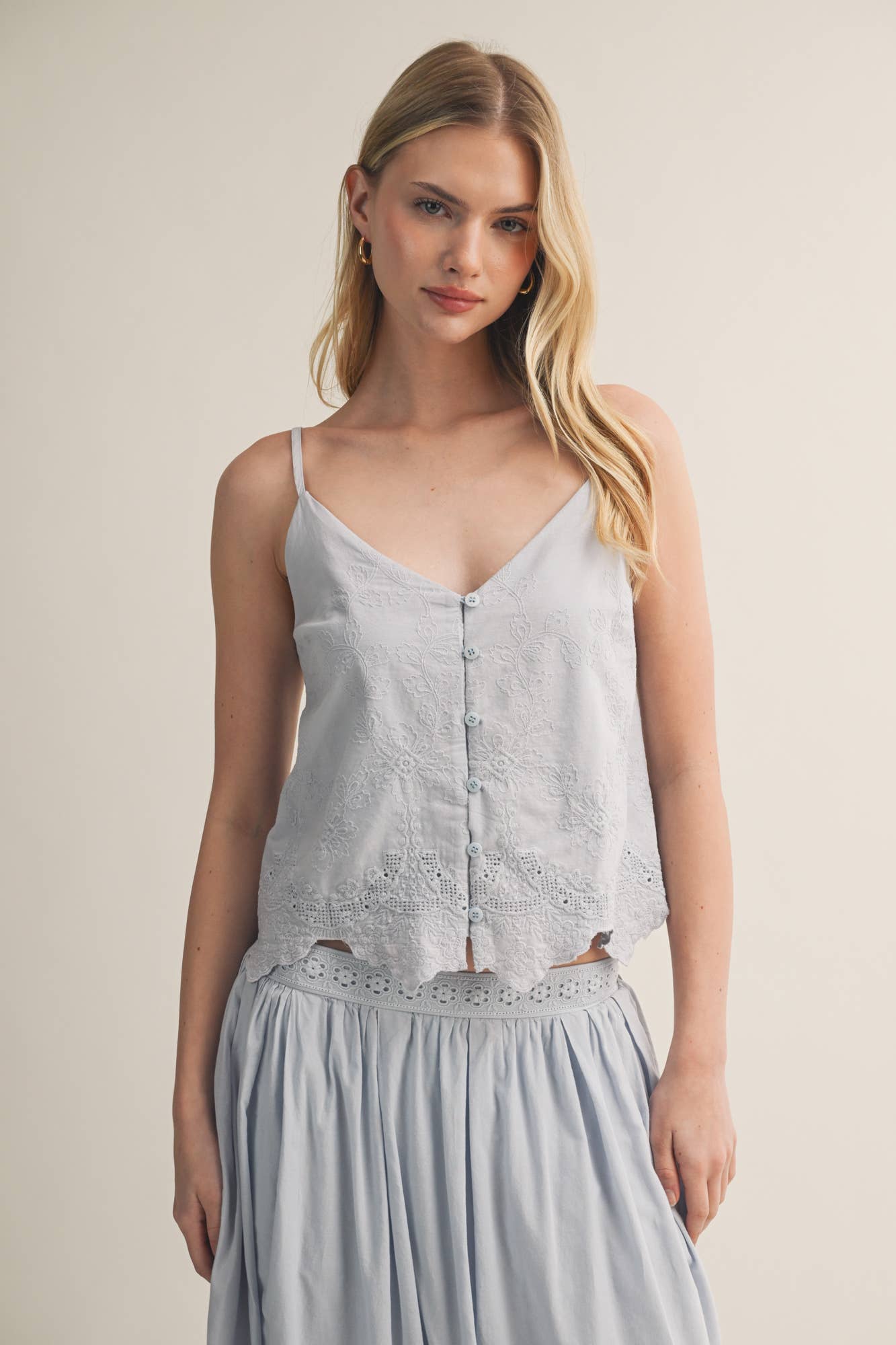 V-Neck Eyelet Embroidered Button Camisole