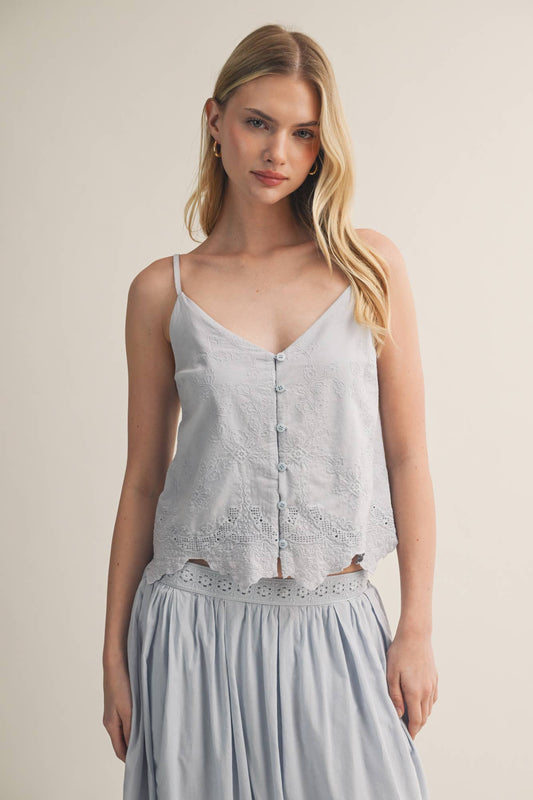 V-Neck Eyelet Embroidered Button Camisole