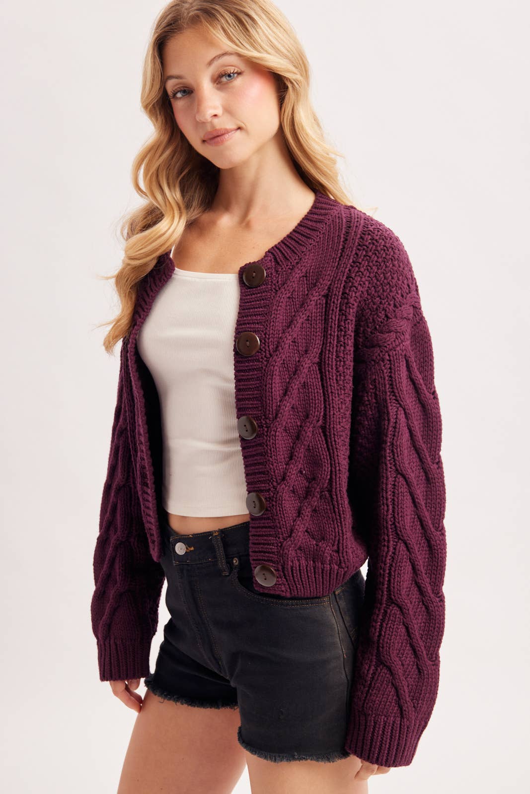 Wine Button Front Cropped Cable Knit Sweater, Cardigan