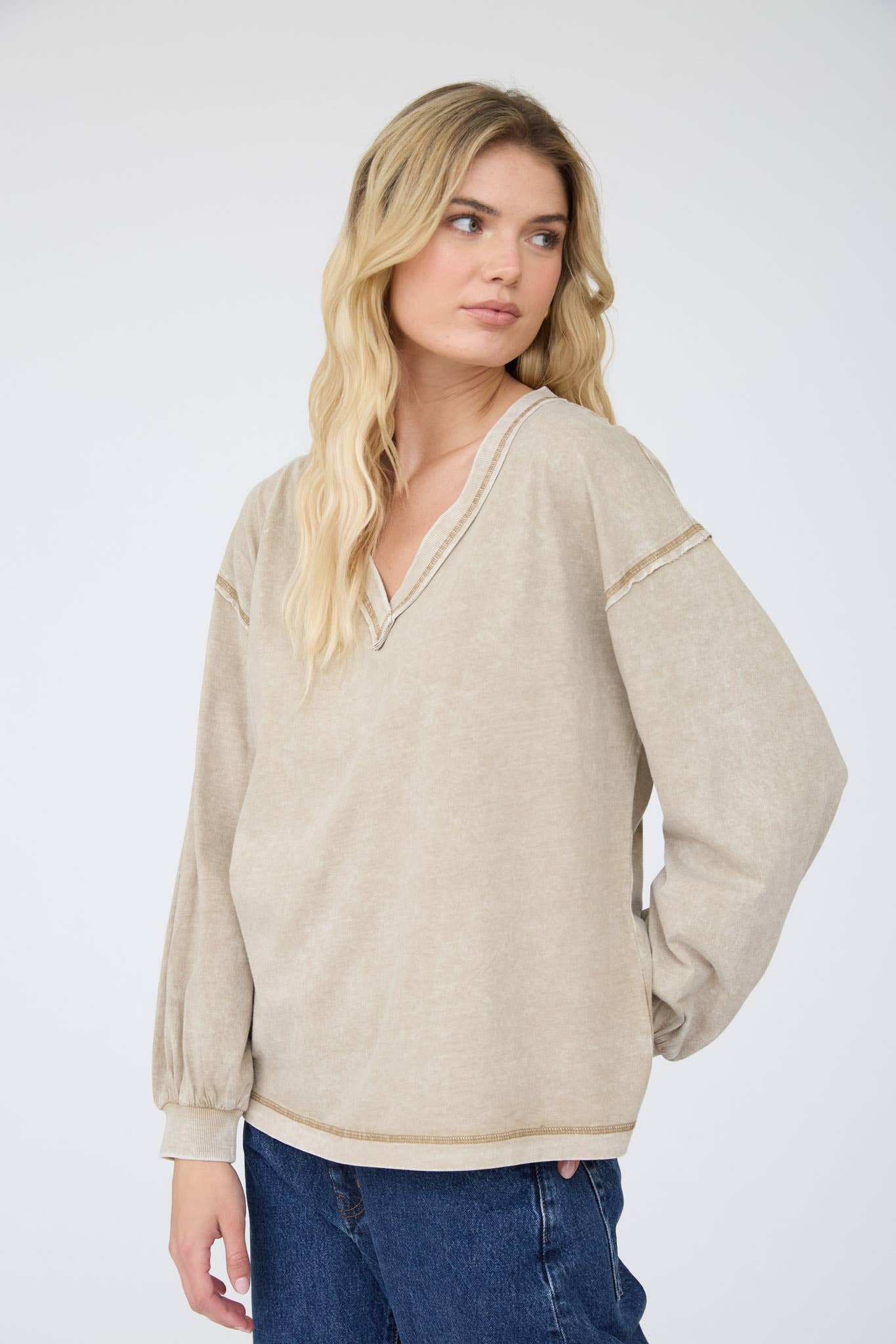 Reverse Seam Detail Long Sleeve V Neck Sweatshirt