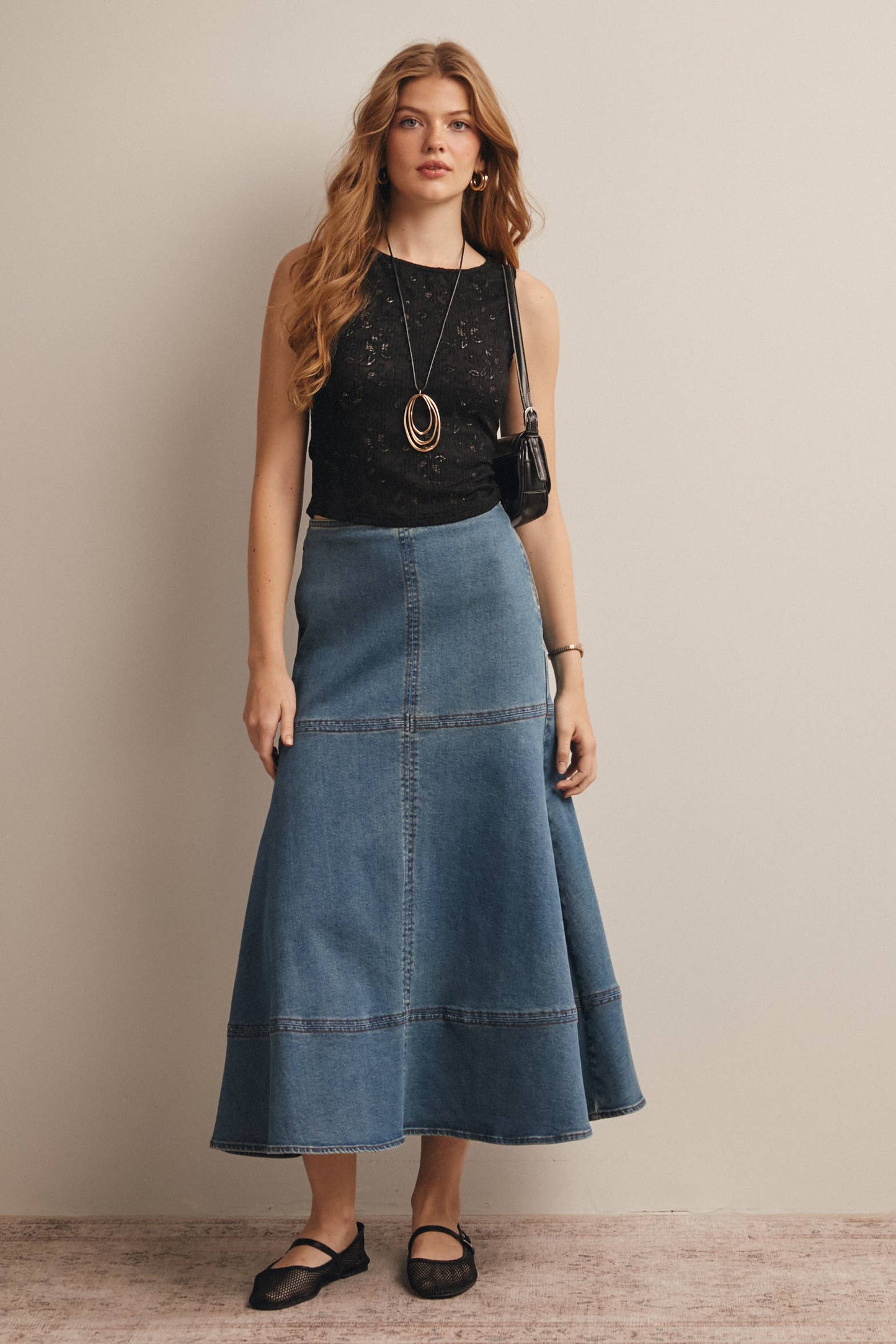 Panel Seam A-Line Denim Maxi Skirt