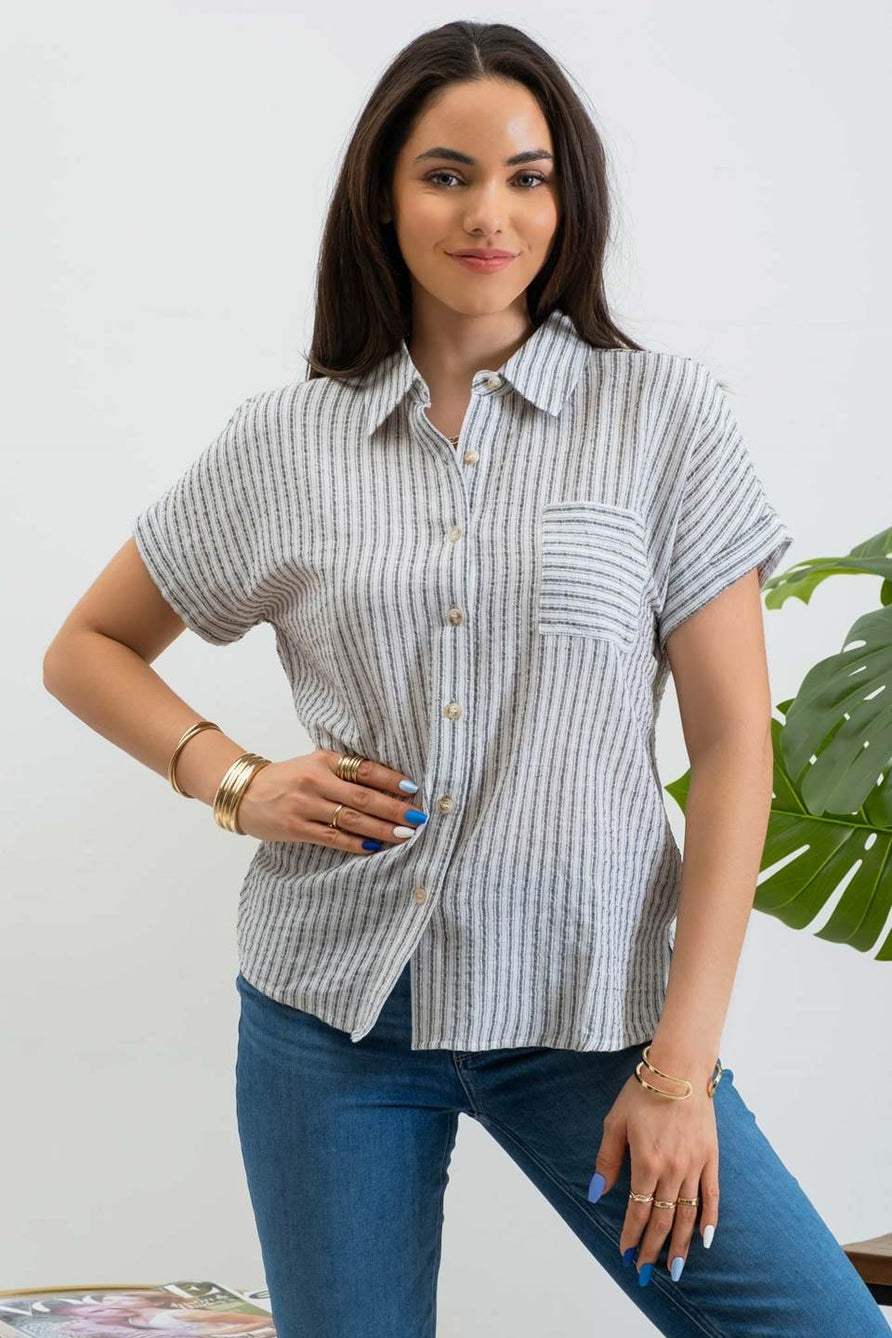 Striped Collared Short Sleeve Top