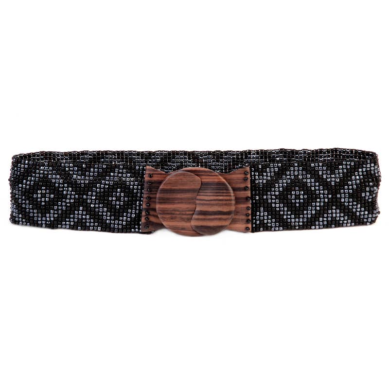 Glass beaded belt wood scroll diamond x black gunmetal 