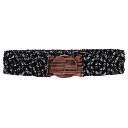 Glass beaded belt wood scroll diamond x black gunmetal 