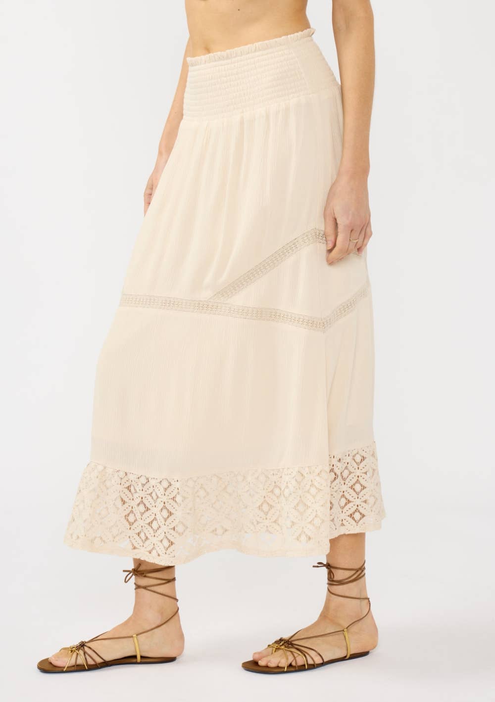 Smocked Waist Lace Trim Midi Skirt 