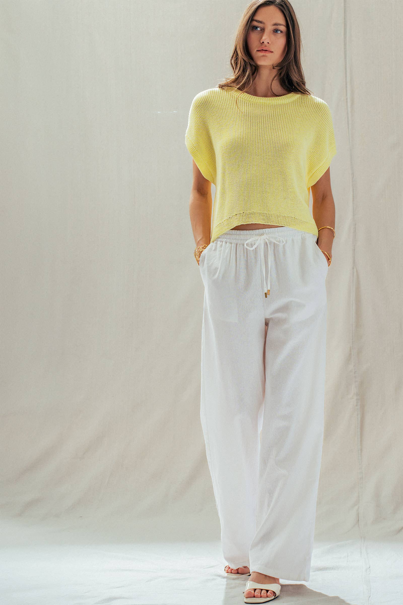 Linen Blend Wide Leg Pants Drawstring Waist 