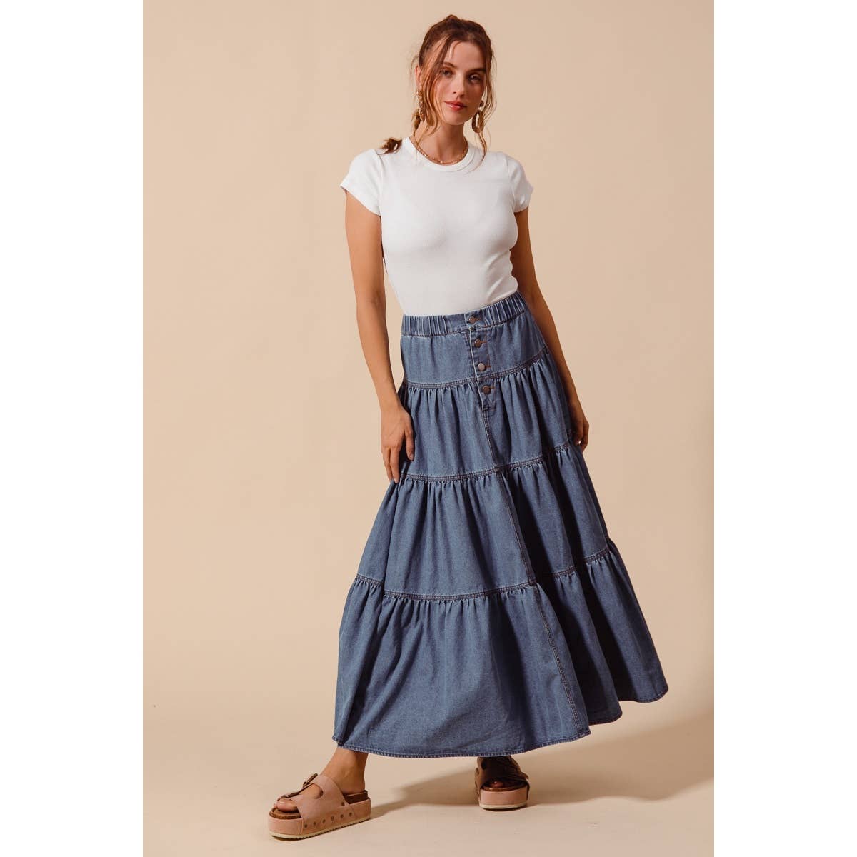 Shirred Denim Maxi Skirt