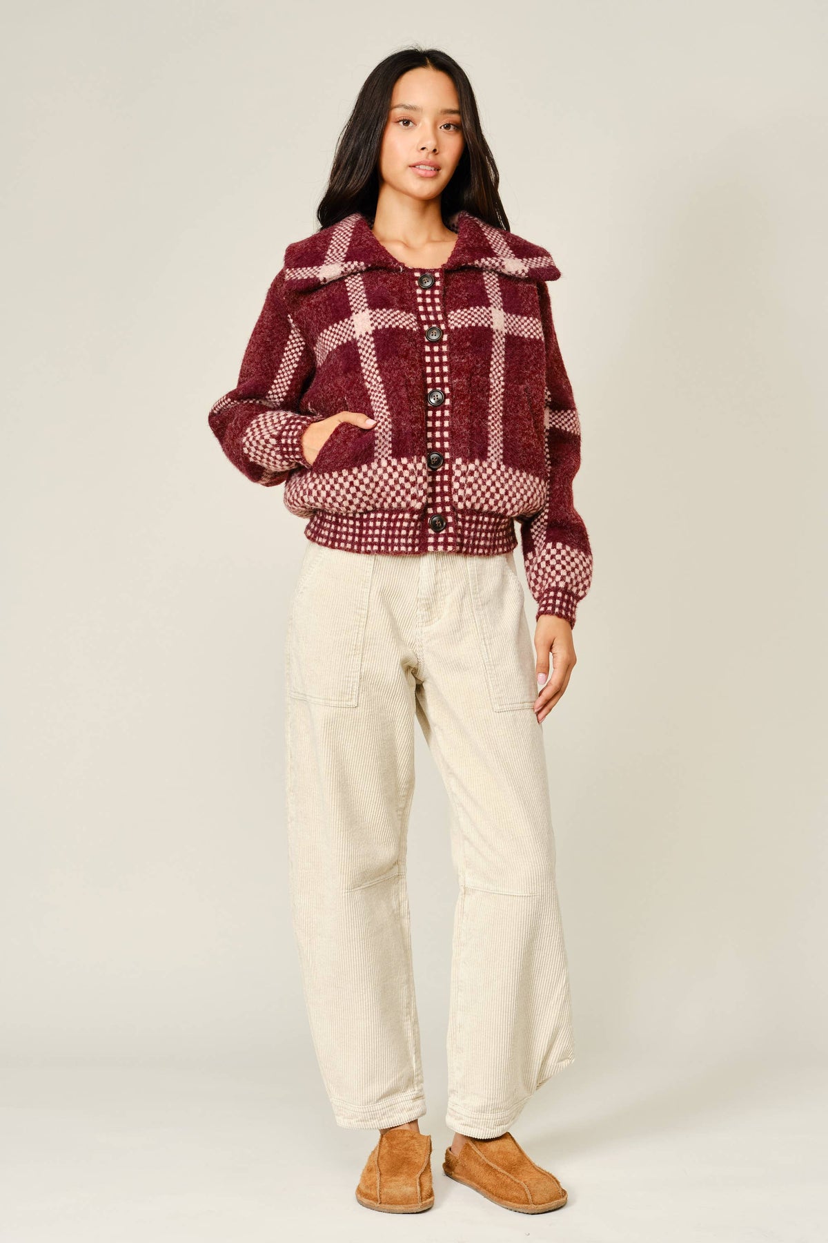Wine Plaid Button Down Jacket
