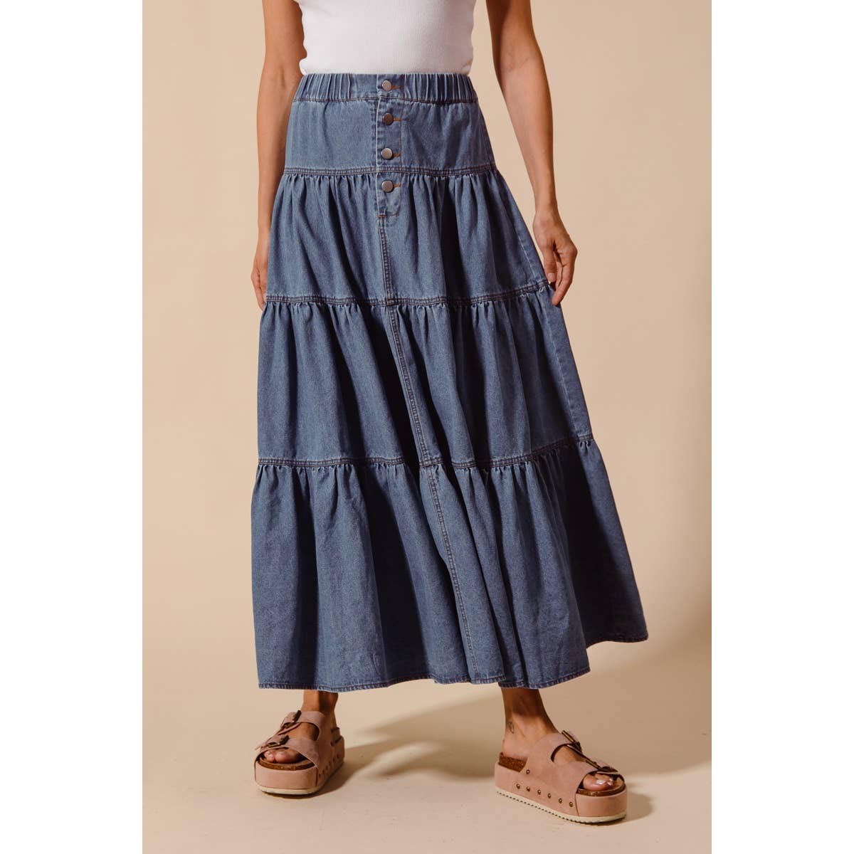 Shirred Denim Maxi Skirt