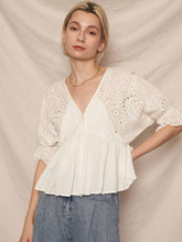 Load image into Gallery viewer, Puff Sleeve V-Neck Eyelet Blouse 
