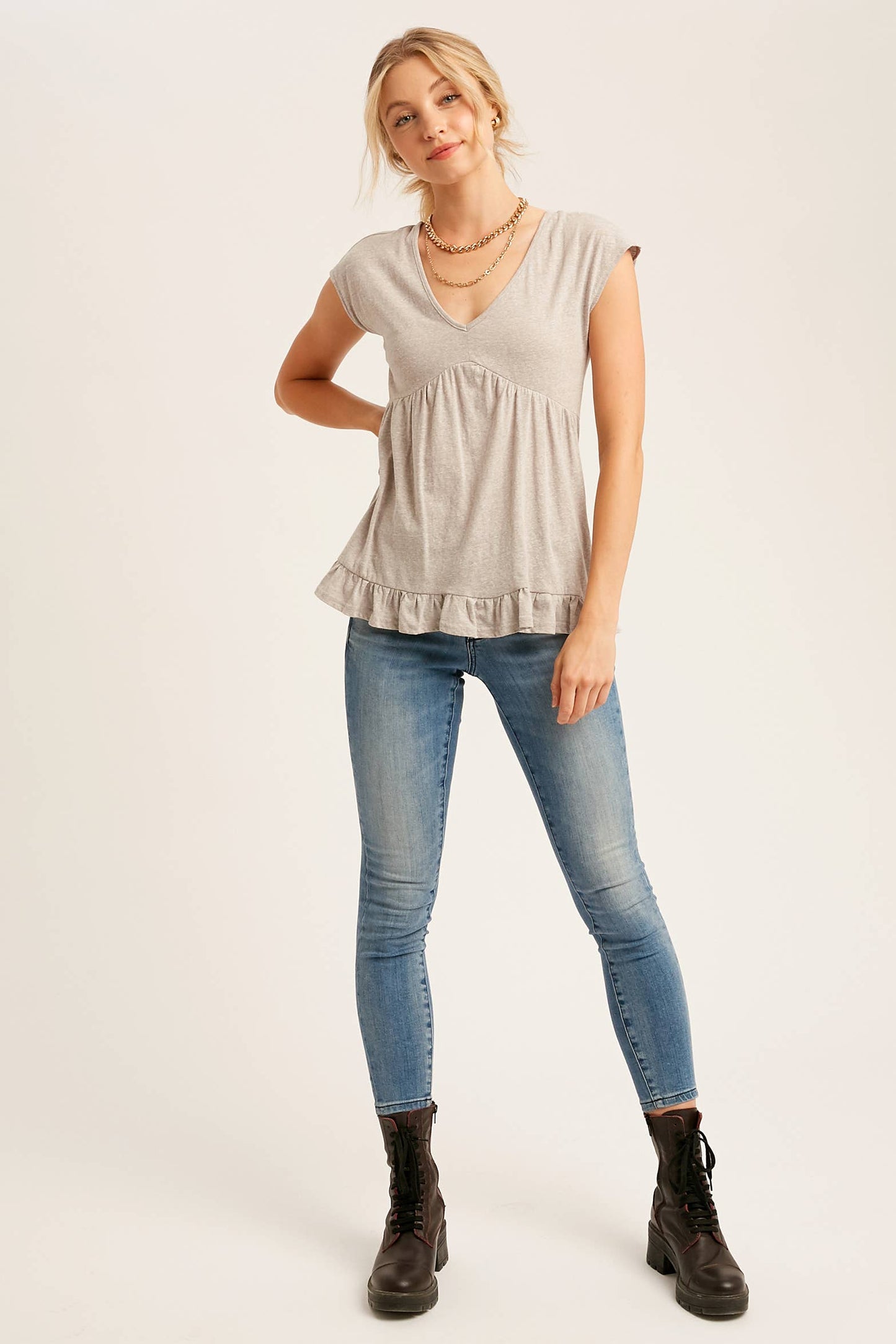 V-Neck Ruffle Hem Babydoll Top