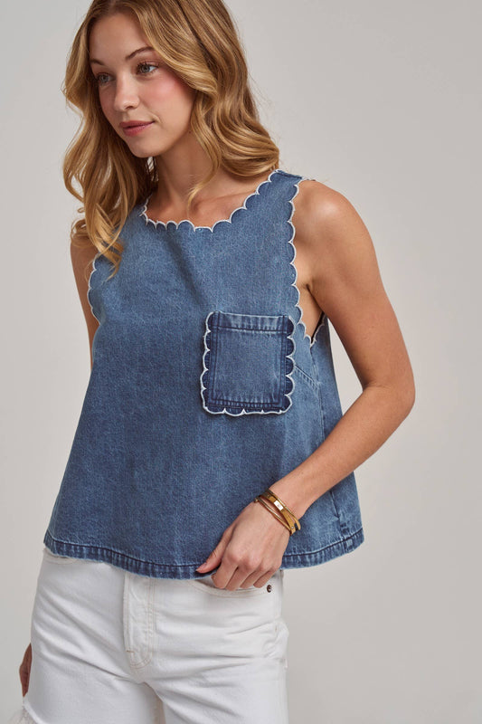 Washed Denim Sleeveless Top with Scalloped Edge Detail