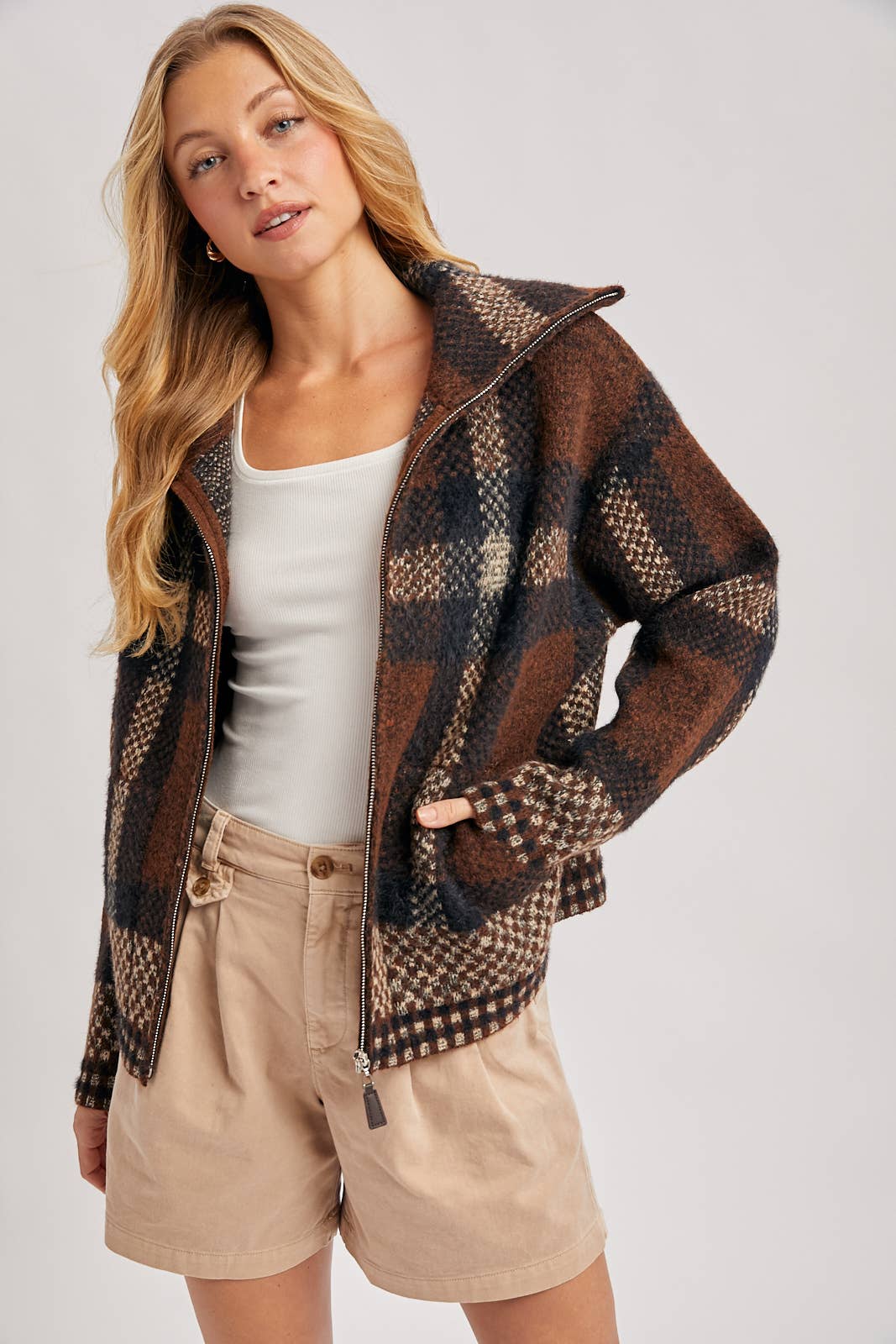 Plaid Zipper Front Wide Collar Jacket