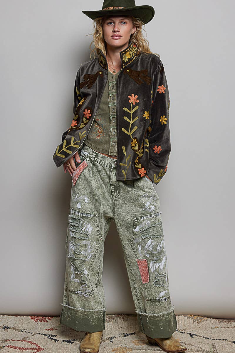 Vine Embroidery Floral Open-Front Closure Velvet Jacket