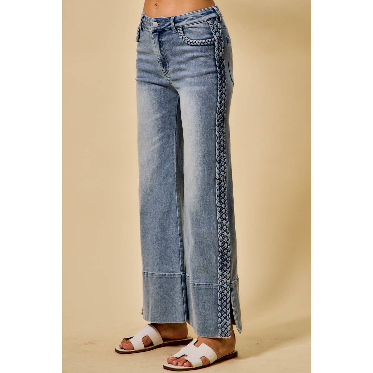 Wide Leg Flare Denim Jeans with Side Braids