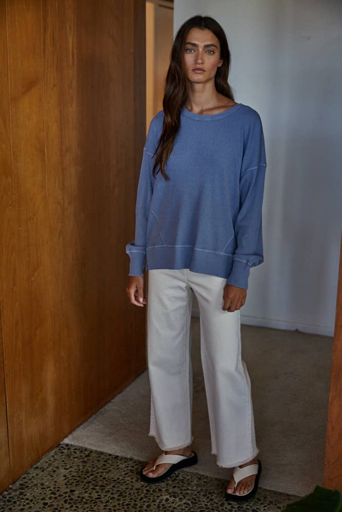 Knit Drop Shoulder Long Sleeve Top with Side Slits: Dark Cobalt