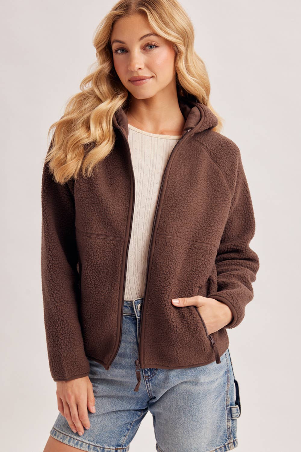 Fleece Sherpa Hoodie Jacket, Zipper Front