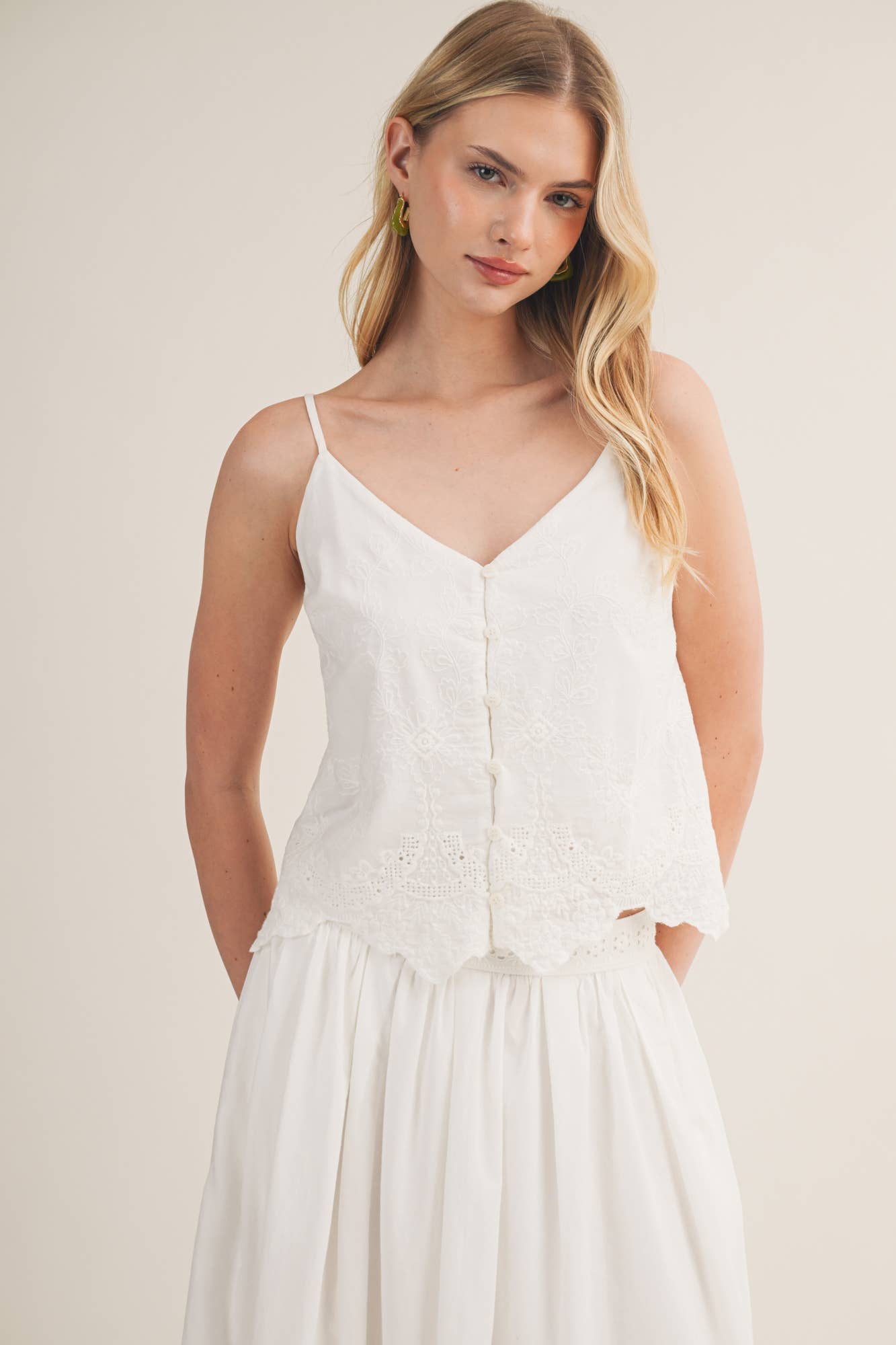 V-Neck Eyelet Embroidered Button Camisole