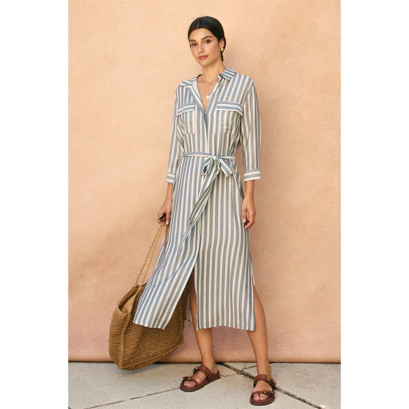 Saltwater Stripe Belted Maxi Shirt Dress 