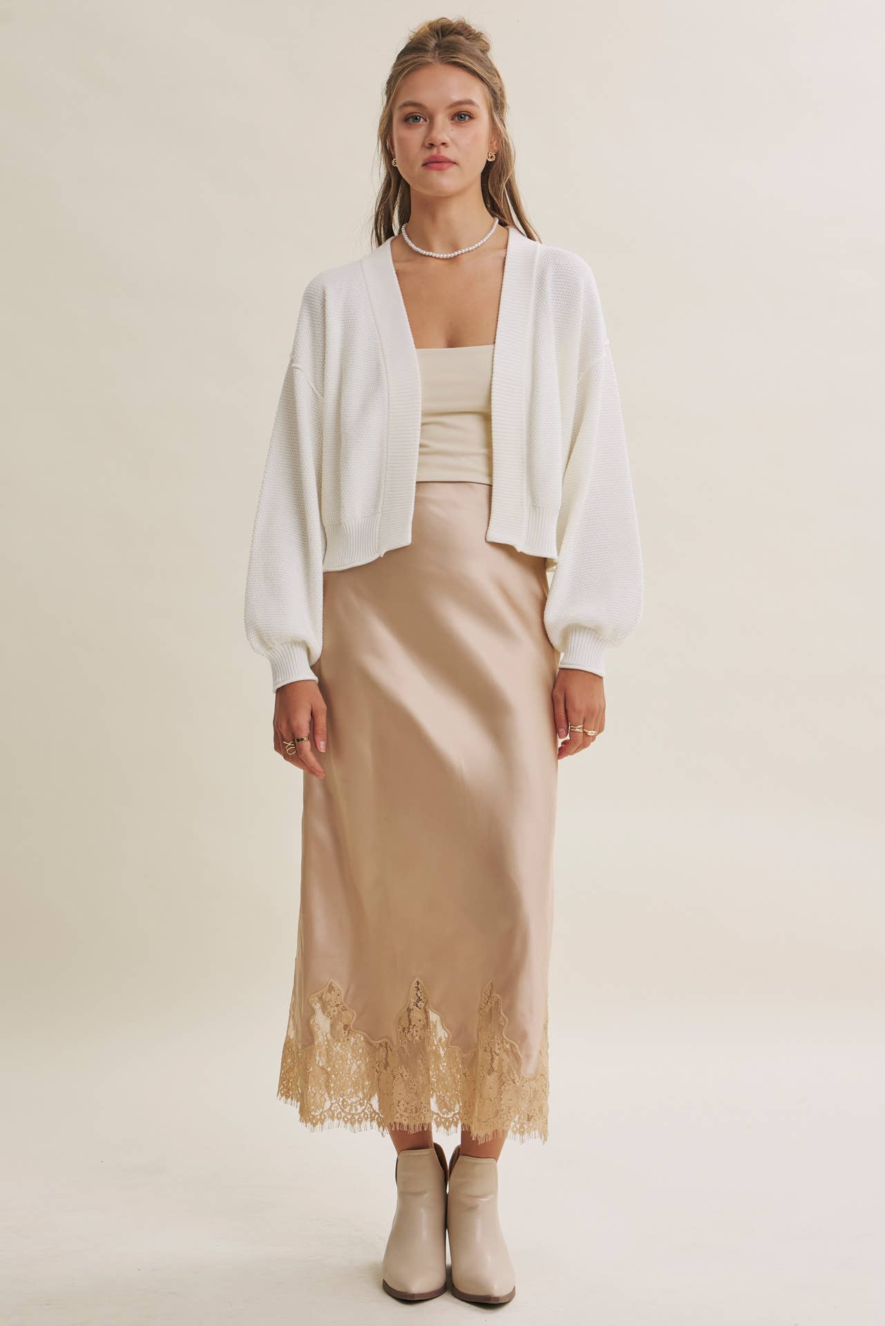 Elegant French Lace Satin Midi Skirt