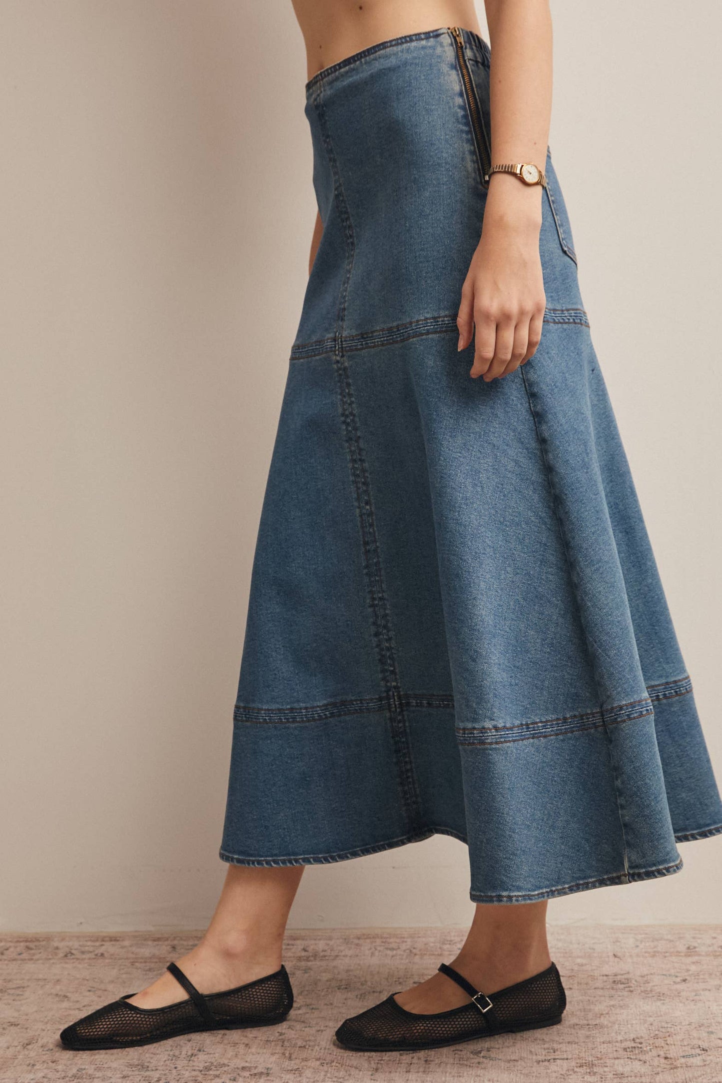 Panel Seam A-Line Denim Maxi Skirt