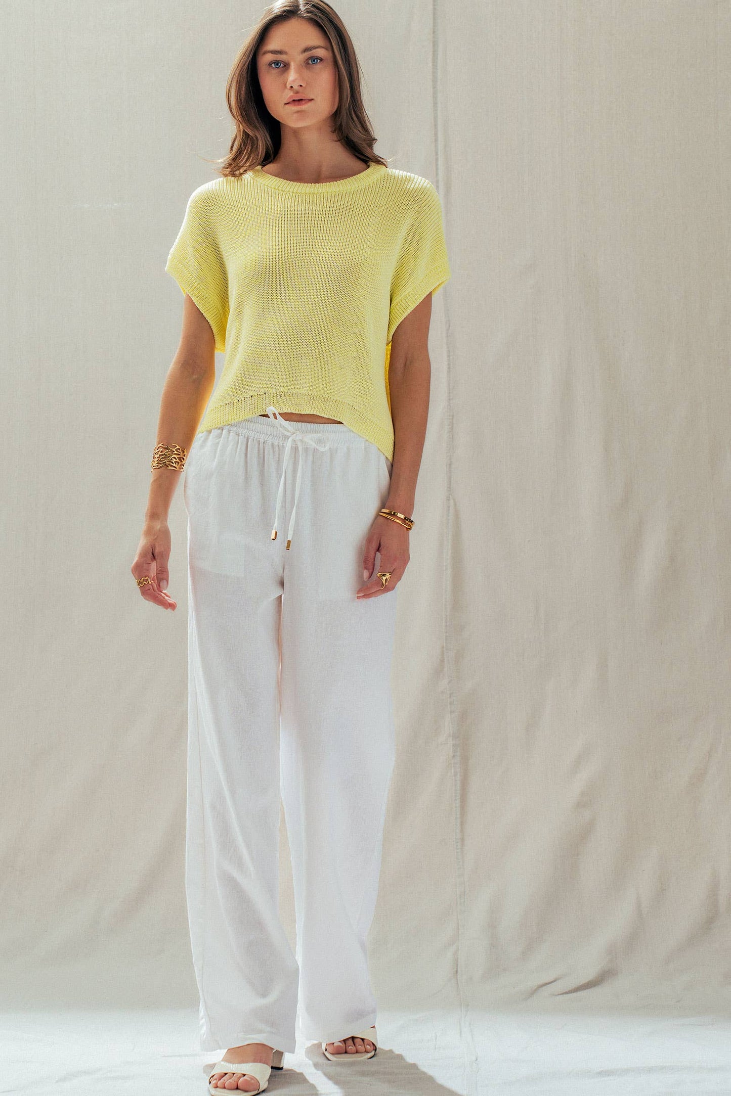 Linen Blend Wide Leg Pants Drawstring Waist 
