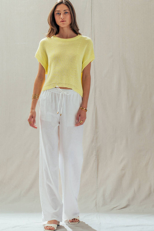 Linen Blend Wide Leg Pants Drawstring Waist 