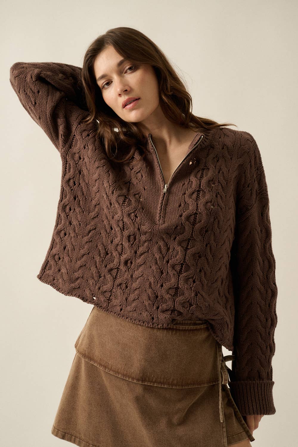Cable-Knit Half-Zip Cuffed Drop-Shoulder Sweater