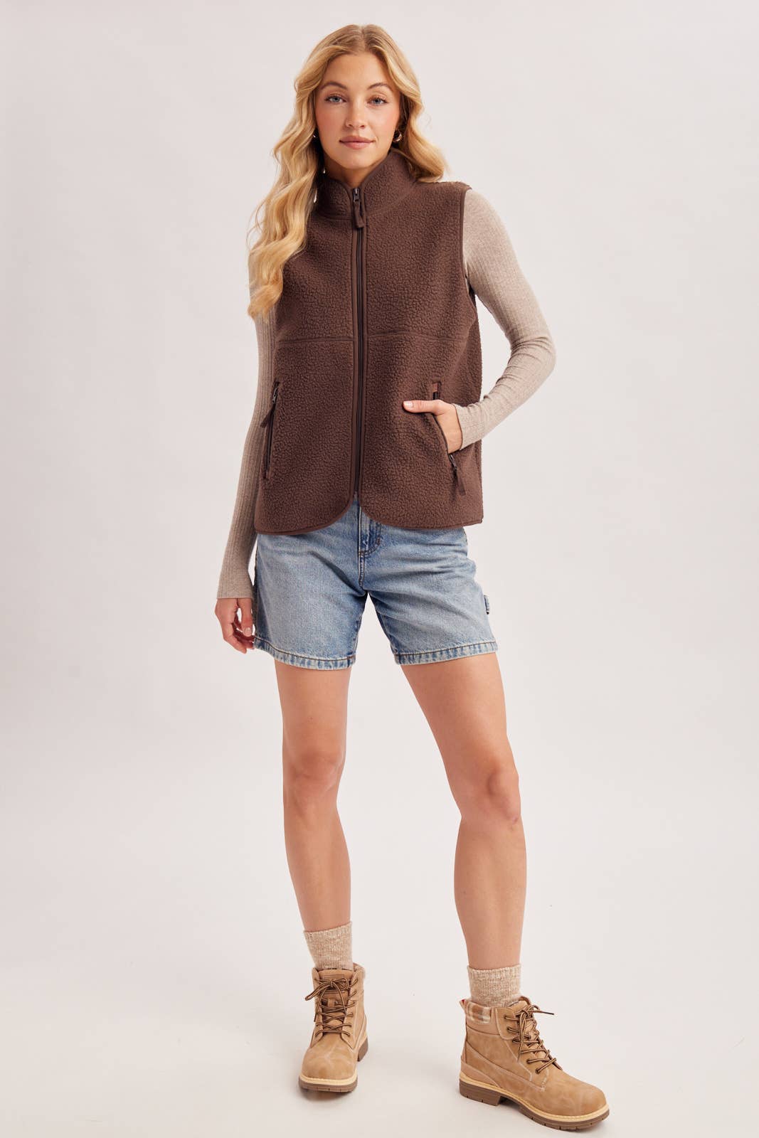 Sherpa Fleece Zipper Fron Opening, Mock Neck Vest