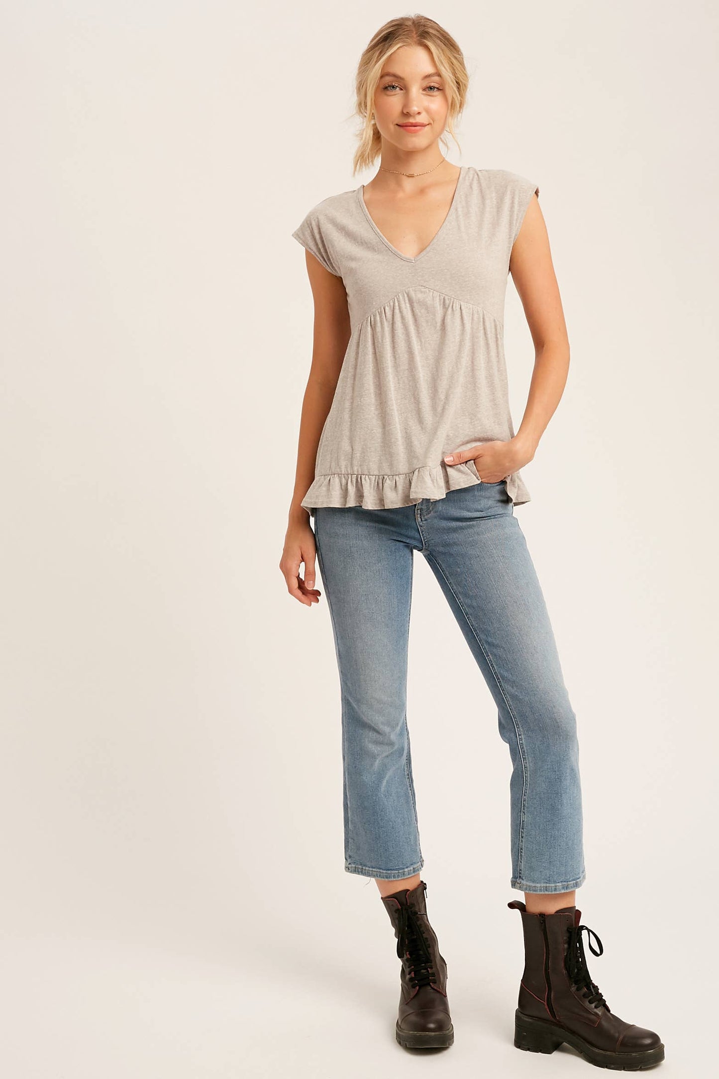 V-Neck Ruffle Hem Babydoll Top