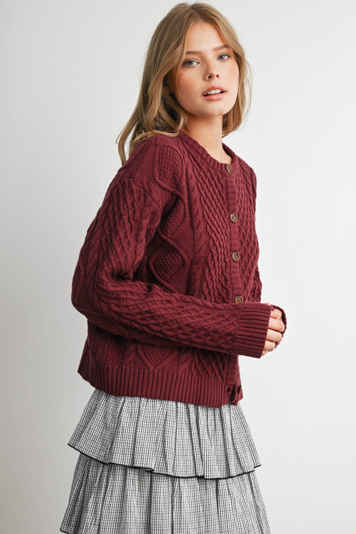 Berry Cable Knit Cardigan
