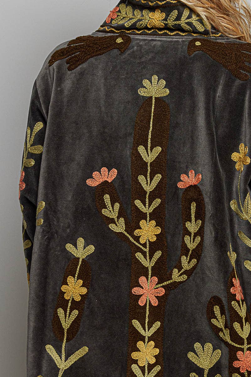 Vine Embroidery Floral Open-Front Closure Velvet Jacket