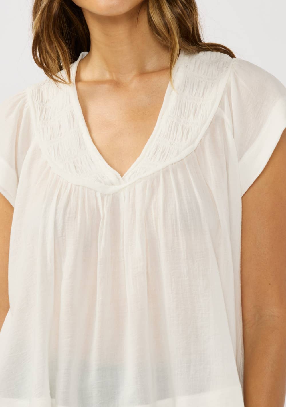 V-Neck Flutter Sleeve Smocked Yoke Top