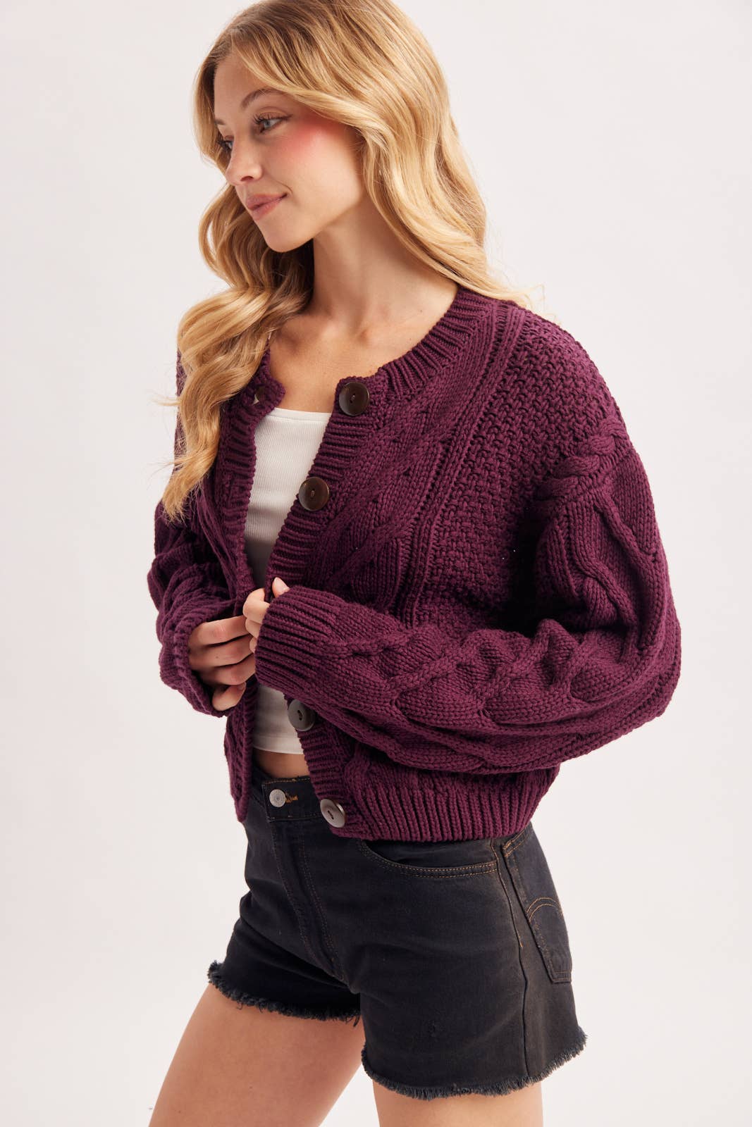 Wine Button Front Cropped Cable Knit Sweater, Cardigan