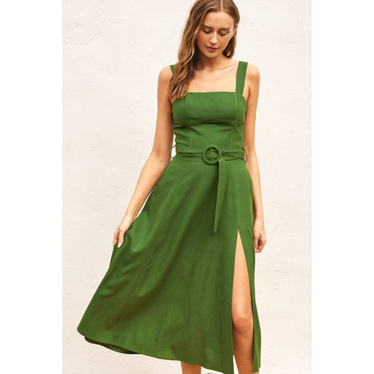 Linen Square Neck Buckle Midi Dress 