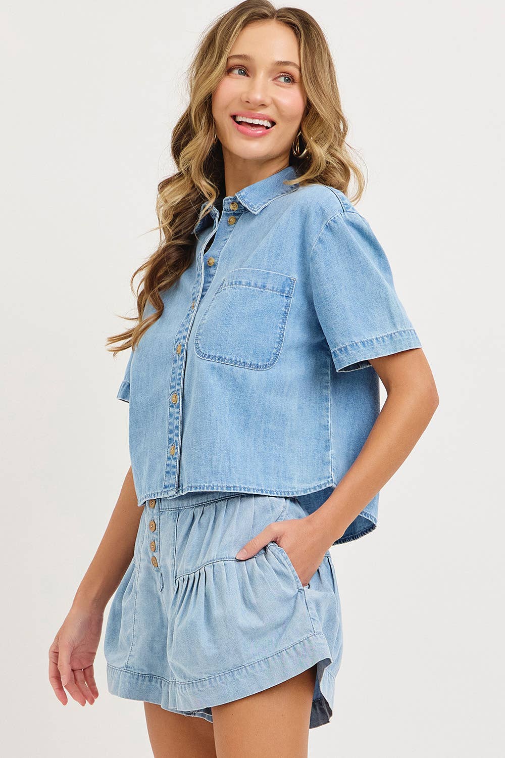 Pleated Denim Shorts