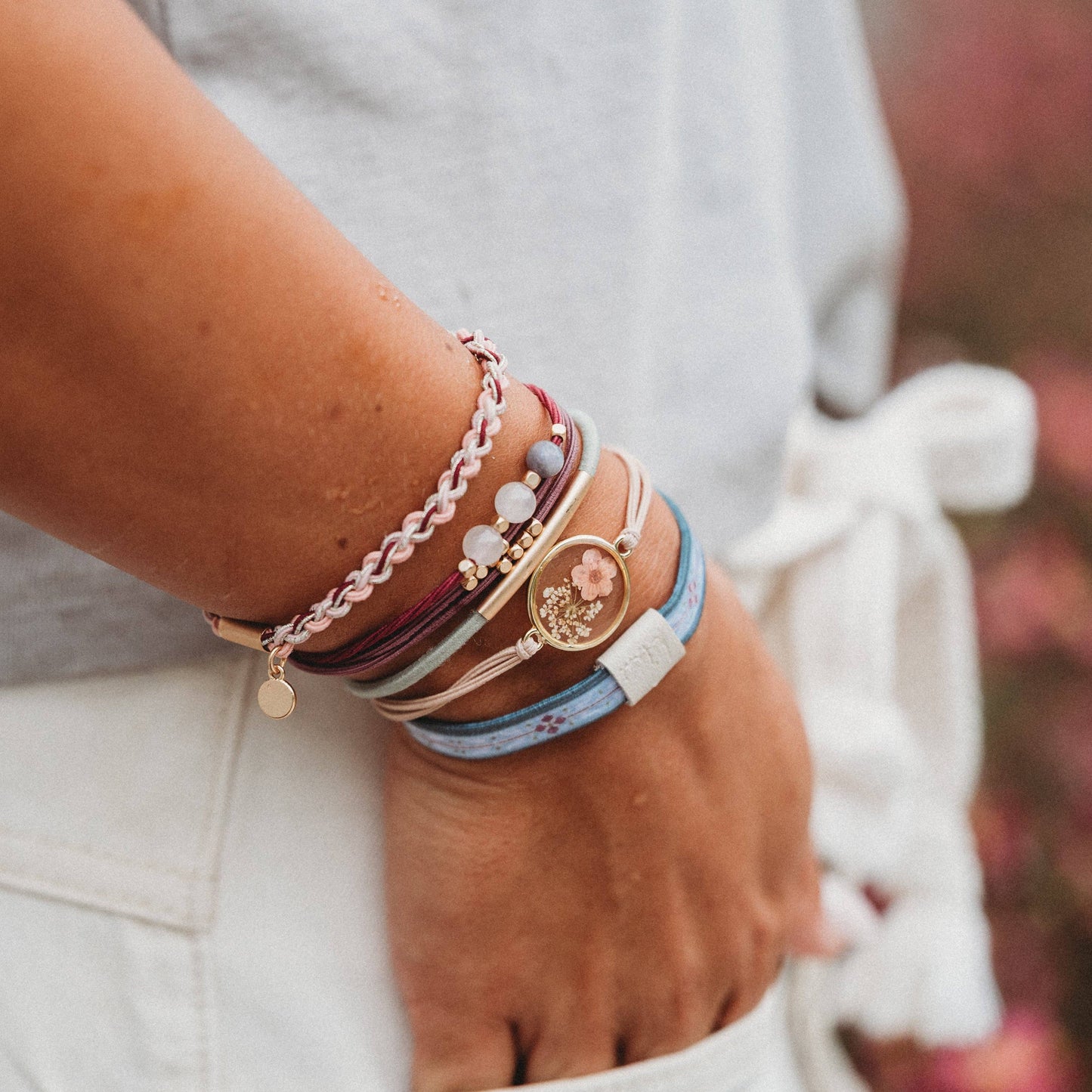 "Bloom" Maroon and Pink with Pressed Flowers Hair Tie Bracelets 