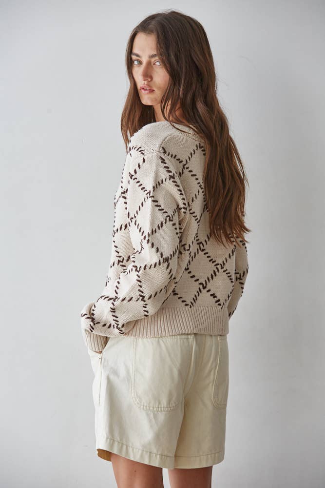 Knit Sweater Diamond Stitch Detail Cardigan