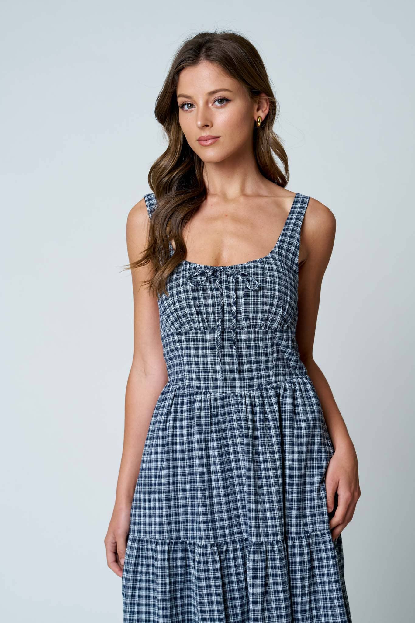 Navy Plaid Corset Tiered Midi Dress