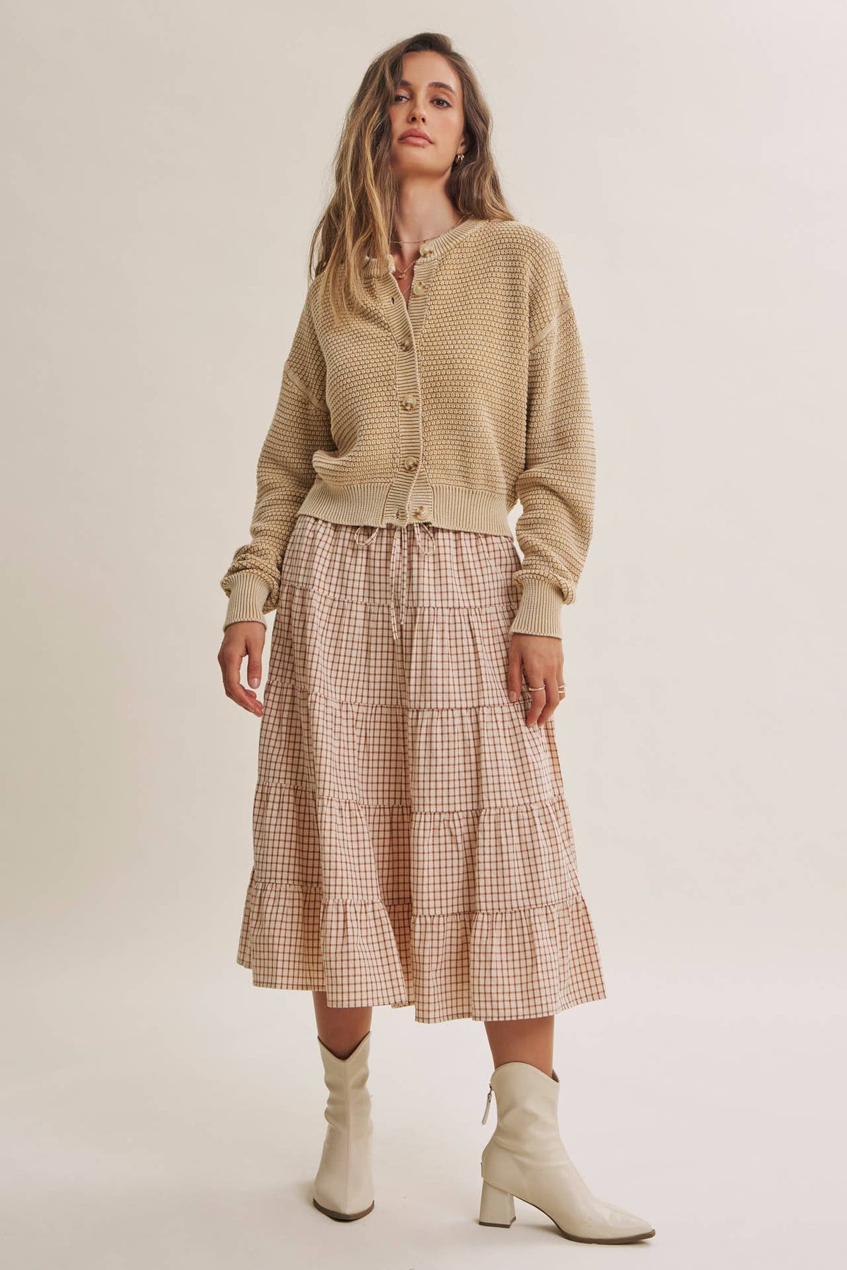 Cream Mineral Washed Waffle Cardigan