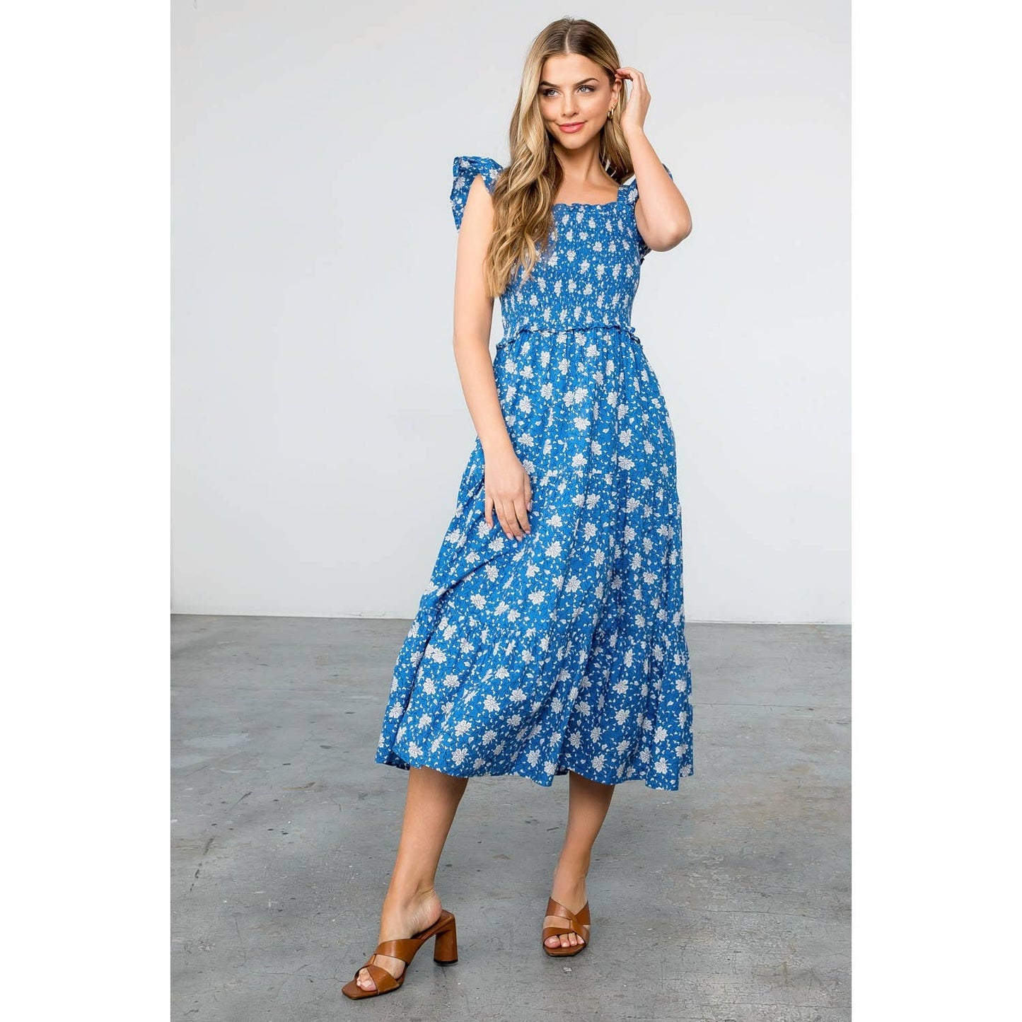 Smocked Tiered Flower Print Dress 